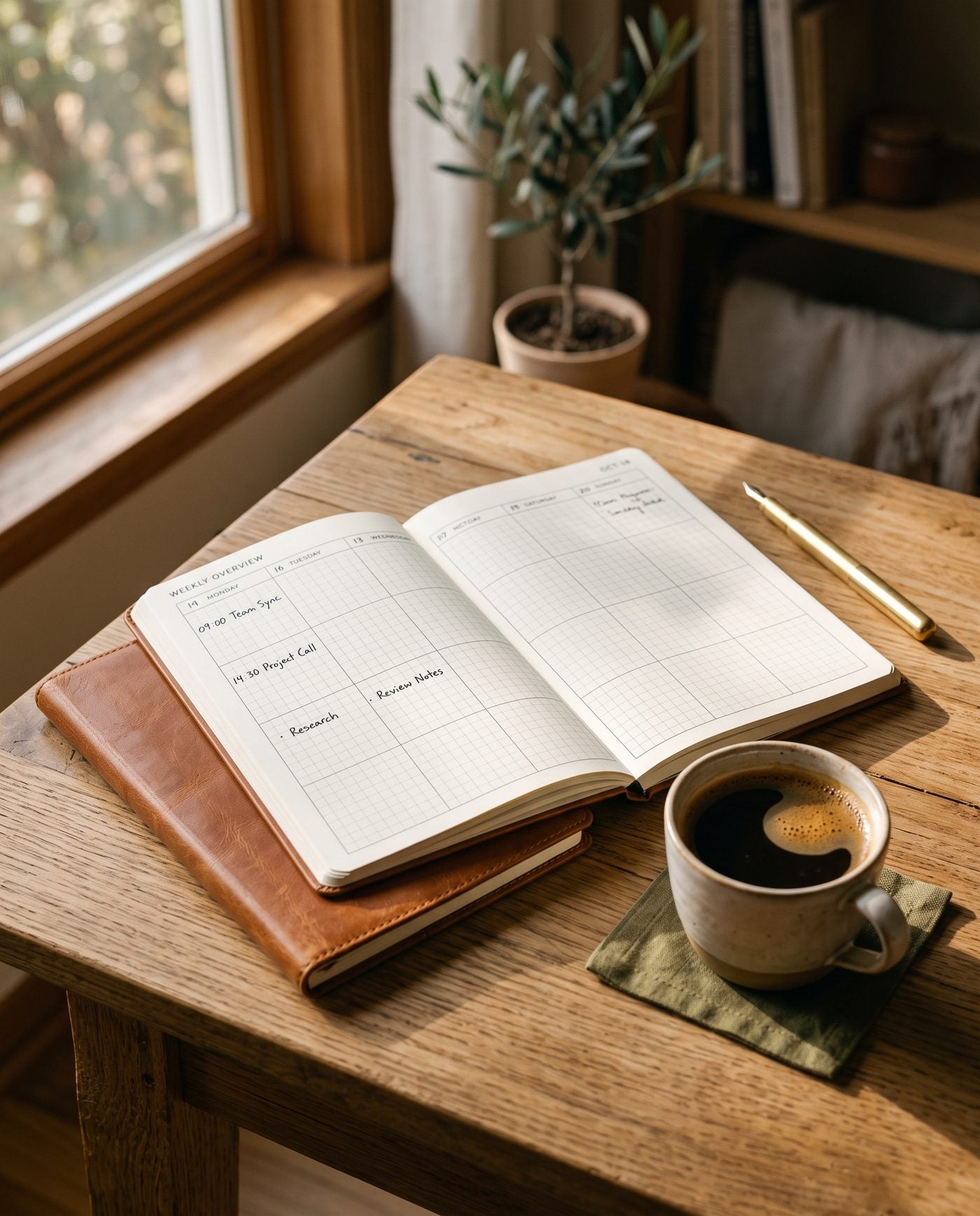 Open planner on a warm oak desk in morning light